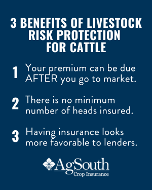 3 Benefits of Livestock Risk Protection for your cattle operation are: Your premium can be due AFTER you go to market; There is no minimum number of heads insured; and, Having insurance looks more favorable to lenders.