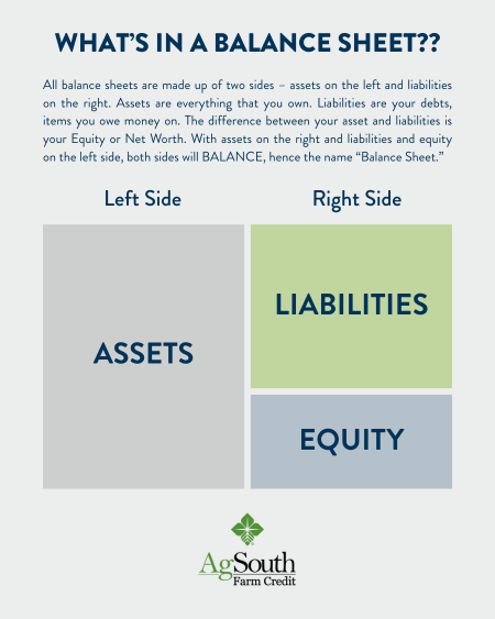 All balance sheets are made up of two sides – assets on the left and liabilities on the right. Assets are everything that you own. Liabilities are your debts, items you owe money on. The difference between your asset and liabilities is your Equity or Net Worth. With assets on the right and liabilities and equity on the left side, both sides will BALANCE, hence the name “Balance Sheet.”