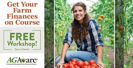 White woman harvesting tomatoes with the headline "Get Your Farm Finances on Course. Free Workshop! Space is limited."