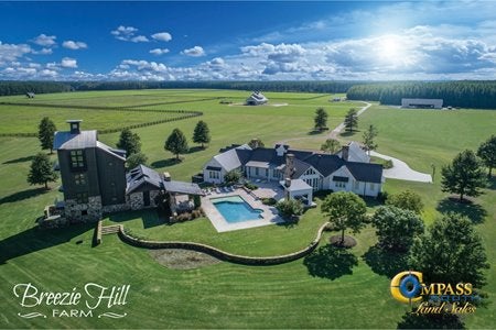 Aerial shot of a green property with a mansion, pool, guest house, and four story pool house