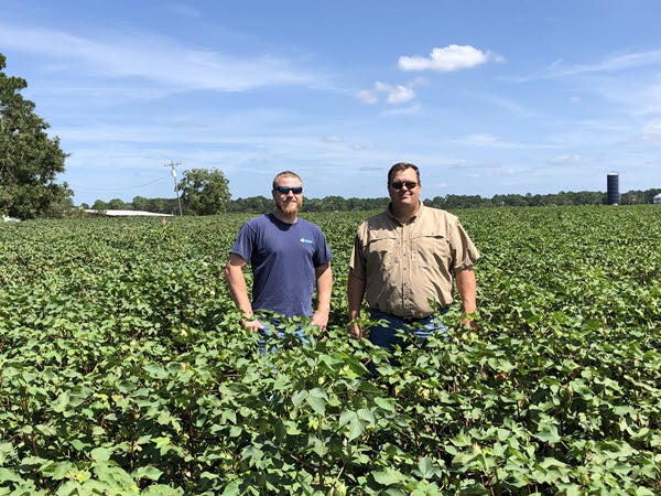 Men standing in crop field