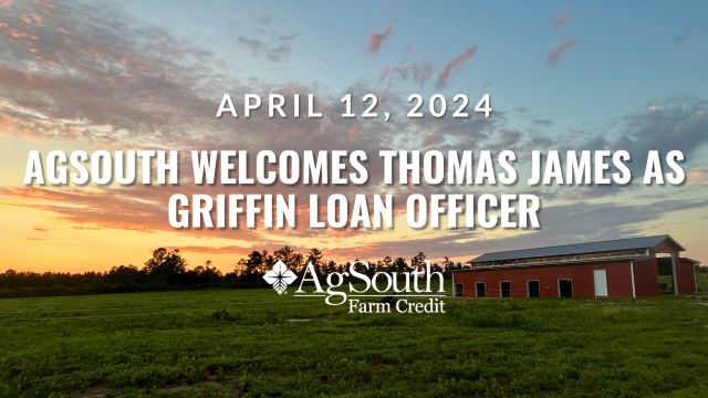 Red barn in a green field with a sunset. Text overlay welcomes Loan Officer Thomas James to AgSouth.